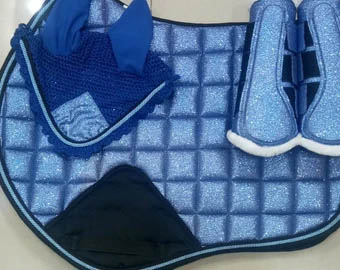 Luxury handmade Matchy Blue Glitter Saddle Pad Numnah, Fly Veil and Brushing Boots